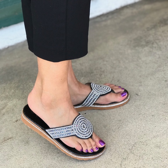 2 Left! Verano Black Rhinestone Flatform Sandal - Picture 2 of 5